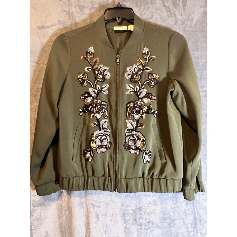 Chico's Embellished Sequin Floral Bomber Jacket Olive Green Size 0‎